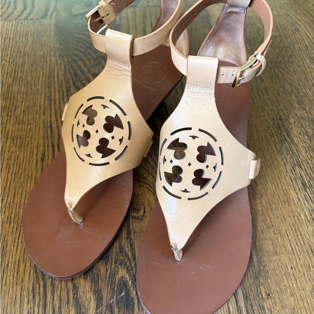 Tory Burch Zoey Wedge Tan and Brown Sandals with Ankle Straps Authentic